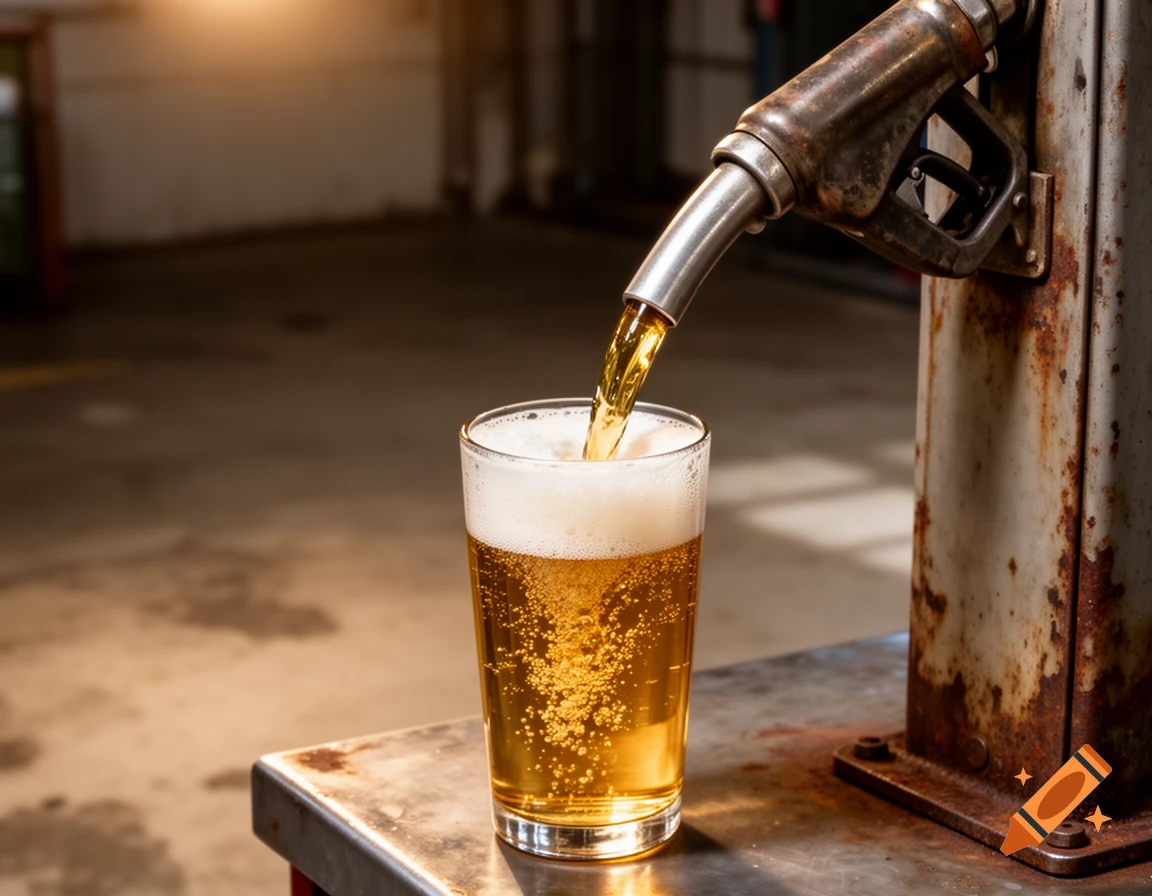A gas pump nozzle pours golden liquid with foam into a beer glass on a rustic metal surface in a garage.