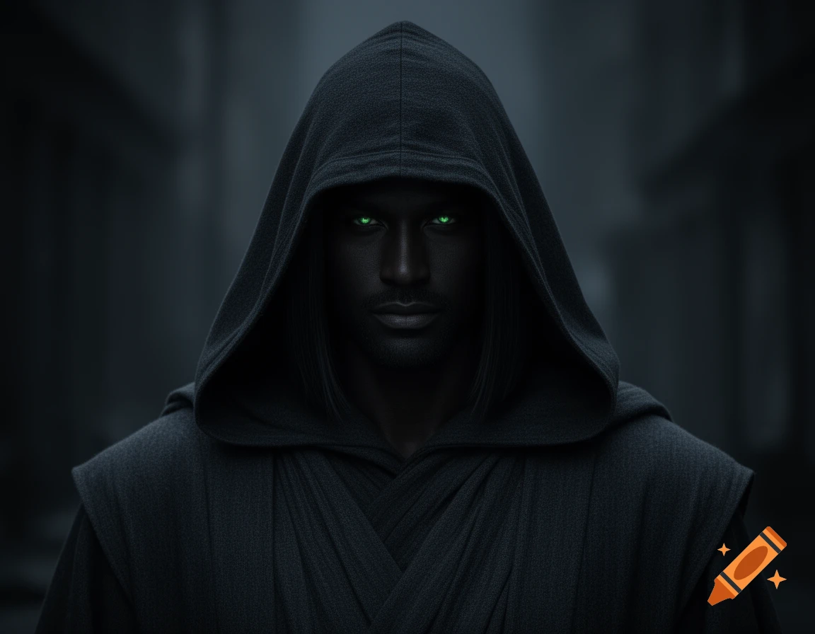Photorealistic close-up of a dark-skinned man in a black hood and robes, with piercing green eyes, against a dark, blurry background.
