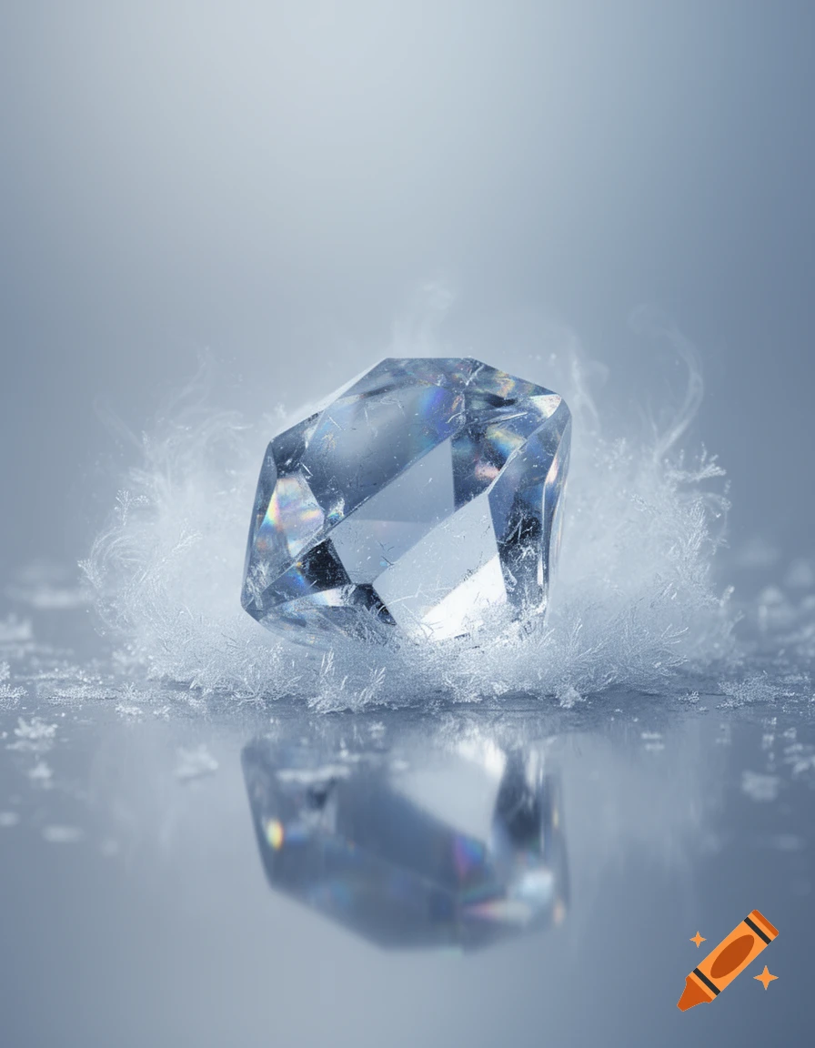 A close-up of a faceted ice crystal or diamond resting on a frosty, reflective surface, surrounded by ice shards and mist.