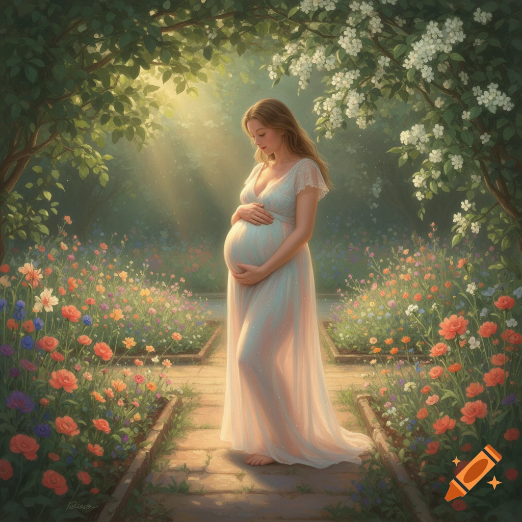 A beautiful pregnant woman in a flowing white dress gently cradles her belly, standing on a path in a vibrant, sunlit flower garden.