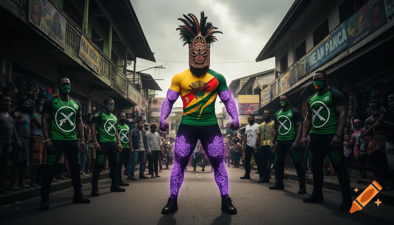 A muscular warrior with a tribal mask and glowing purple tattoos stands in a Papua New Guinea street, facing men in green shirts with crossed-rifle symbols. Photorealistic style.
