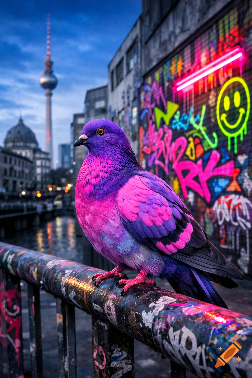 Vibrant purple and pink pigeon on a graffiti-covered railing, with a neon-lit urban background and the Berlin TV Tower at dusk.