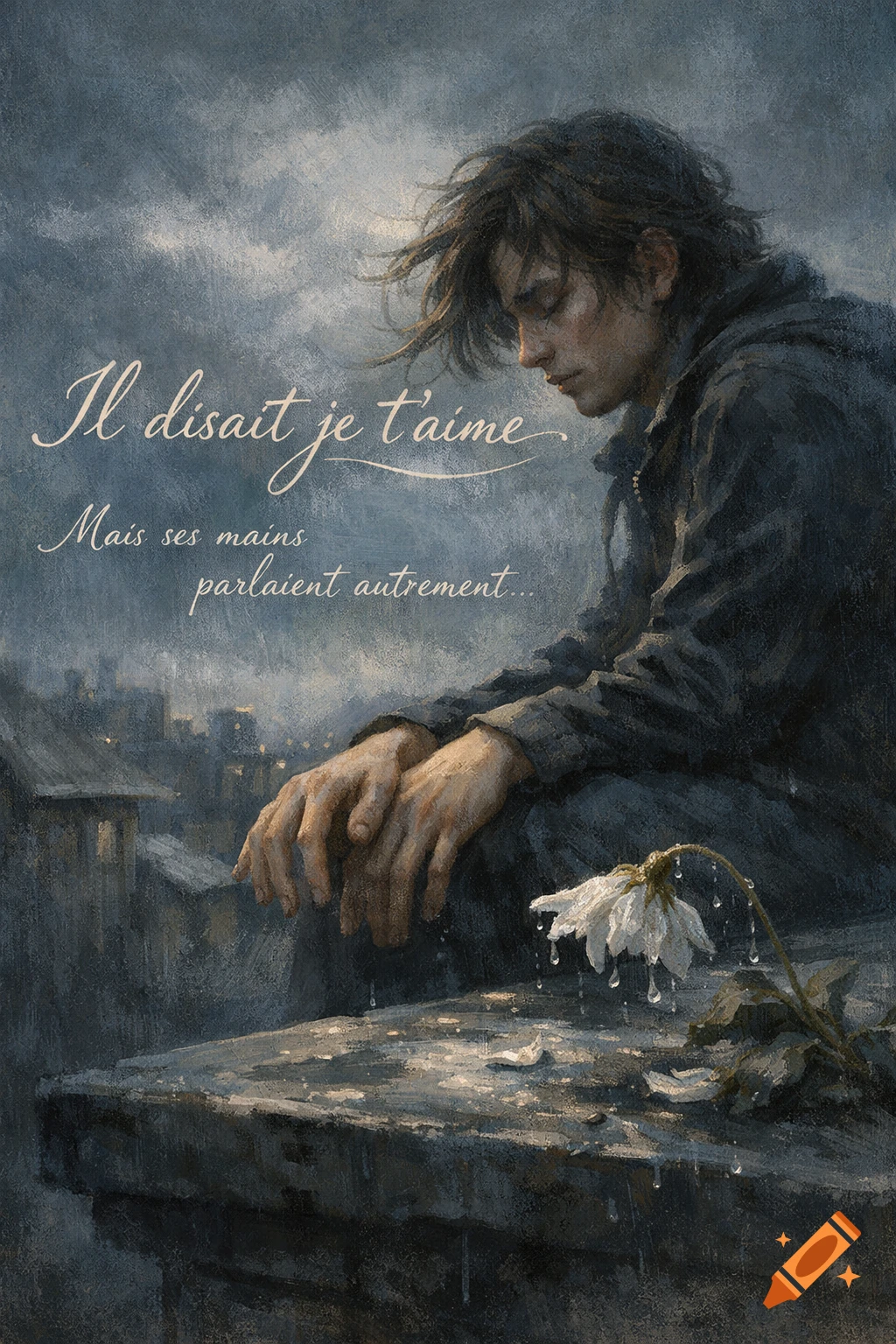 Digital painting of a sad young man in the rain, sitting on a ledge with a wilting flower and French text about love and hands.