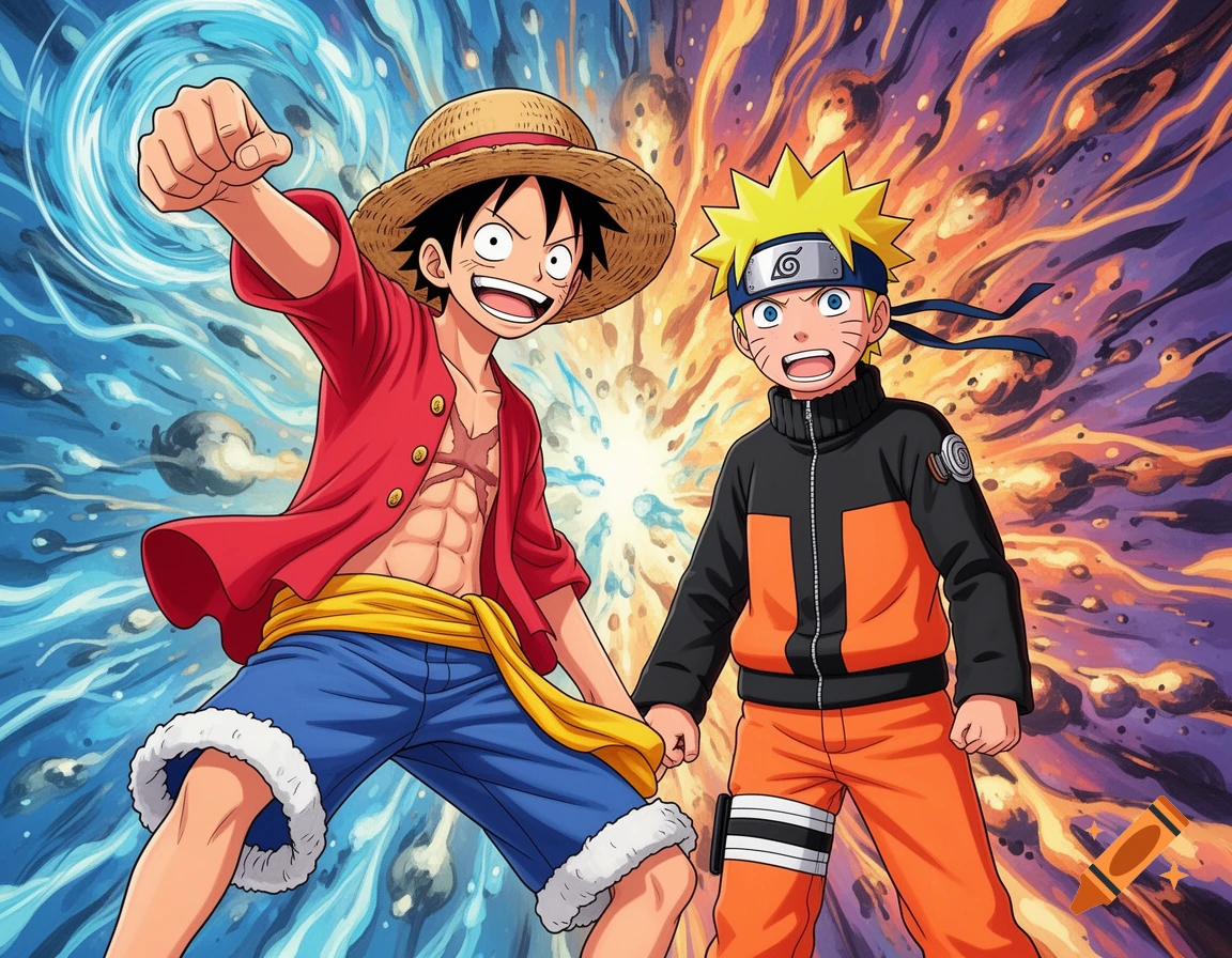 Luffy from One Piece and Naruto from Naruto stand together in a vibrant, dynamic anime style illustration, against a backdrop of swirling blue and orange energy.