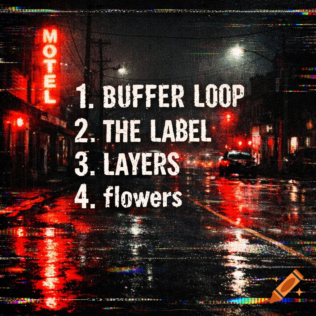 Gritty, dark EP cover art of a rainy urban street at night with neon reflections and VHS glitches, featuring a tracklist.