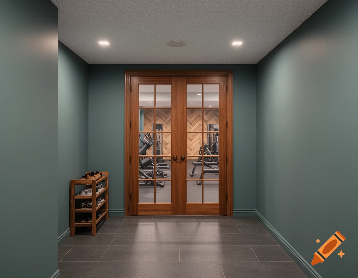 A photorealistic basement hallway with teal walls and dark gray tiles, featuring a wooden shoe rack and double French doors opening to a workout room with a herringbone wood accent wall.