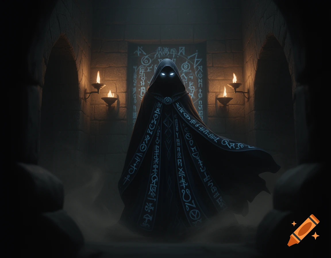 A mysterious hooded figure with glowing eyes stands in a dark ...