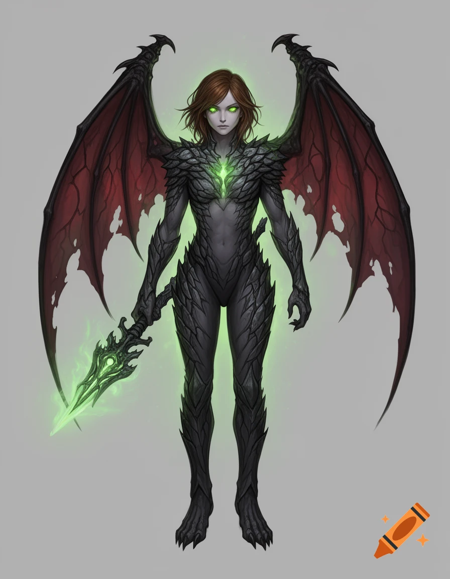 Full-body character design of a succubus warrior with red-brown hair, glowing green eyes, black bat wings, and dark scale armor, holding a glowing green spear.