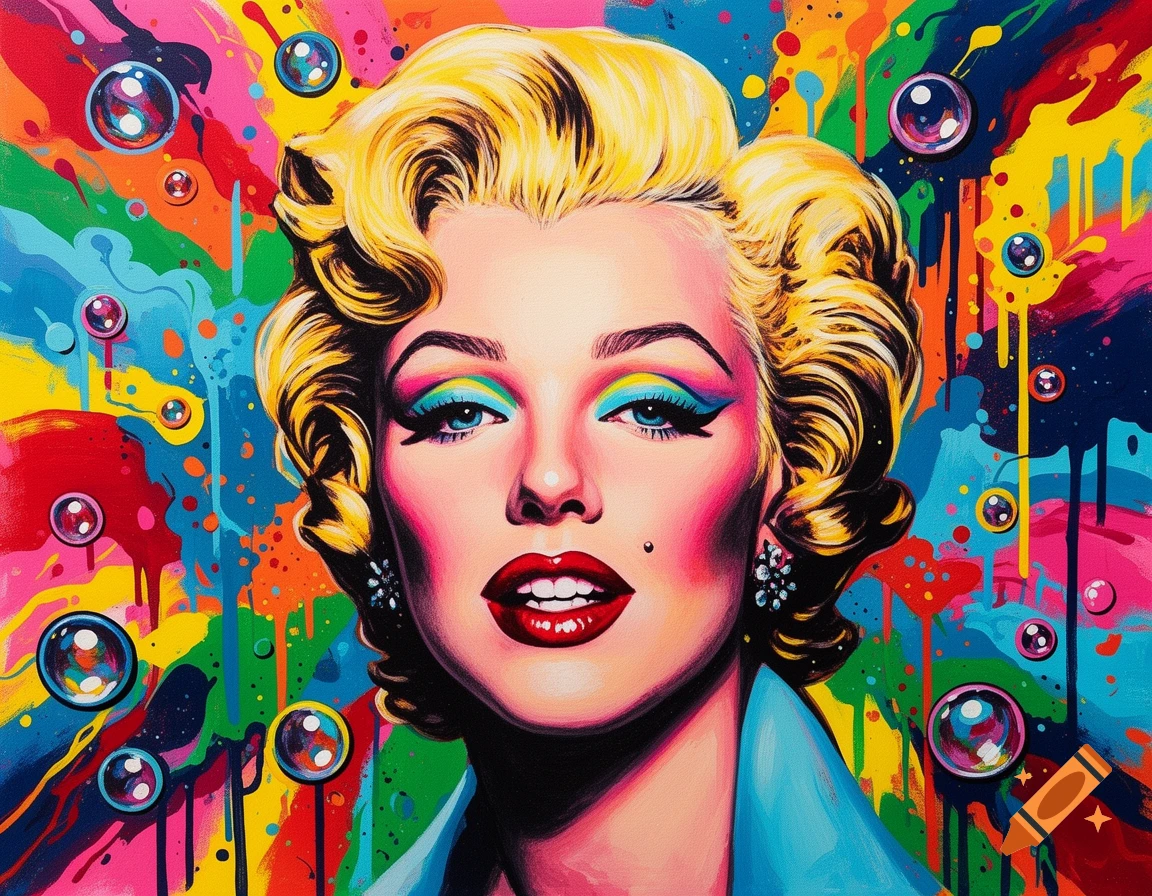 Vibrant pop art portrait of Marilyn Monroe with colorful paint splashes, drips, and bubbles in a street art style.