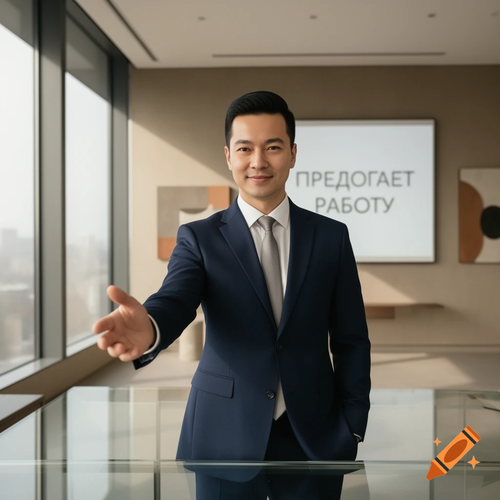 A smiling Asian man in a suit offers a handshake in a modern office with Russian text 'ПРЕДОГАЕТ РАБОТУ' on a screen.