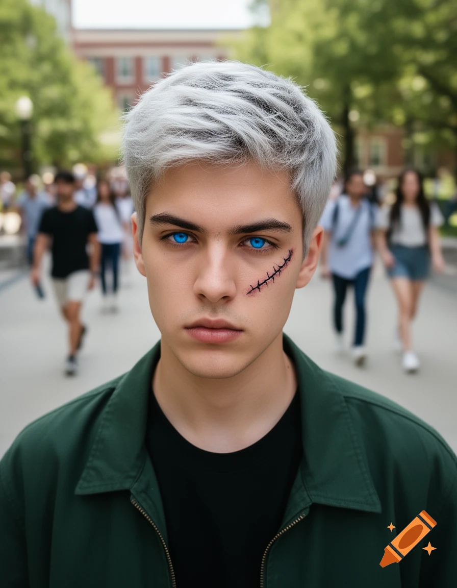 A non-binary college student with white hair, bright blue eyes, and a stitched scar on their cheek, wearing a green jacket, stands on campus.