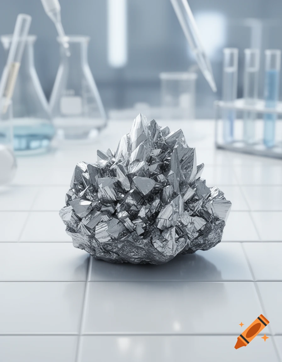 A close-up of a silvery crystalline mineral cluster on a white tiled lab bench, with blurred laboratory equipment in the background.