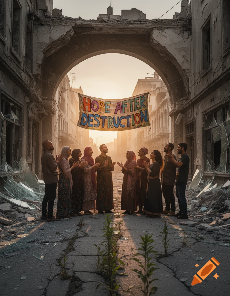 A diverse group stands in a destroyed urban street under an arch, beneath a banner reading "HOPE AFTER DESTRUCTION", at sunset.