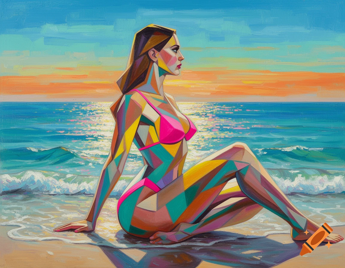 Cubist painting of a woman in a pink bikini sitting on a sandy beach at sunset with vibrant colors.