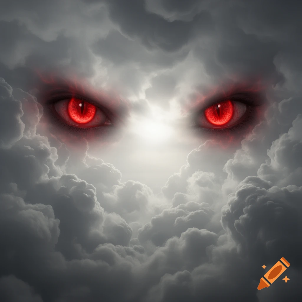 Red glowing eyes with slitted pupils peer from dark, swirling clouds against a bright background.