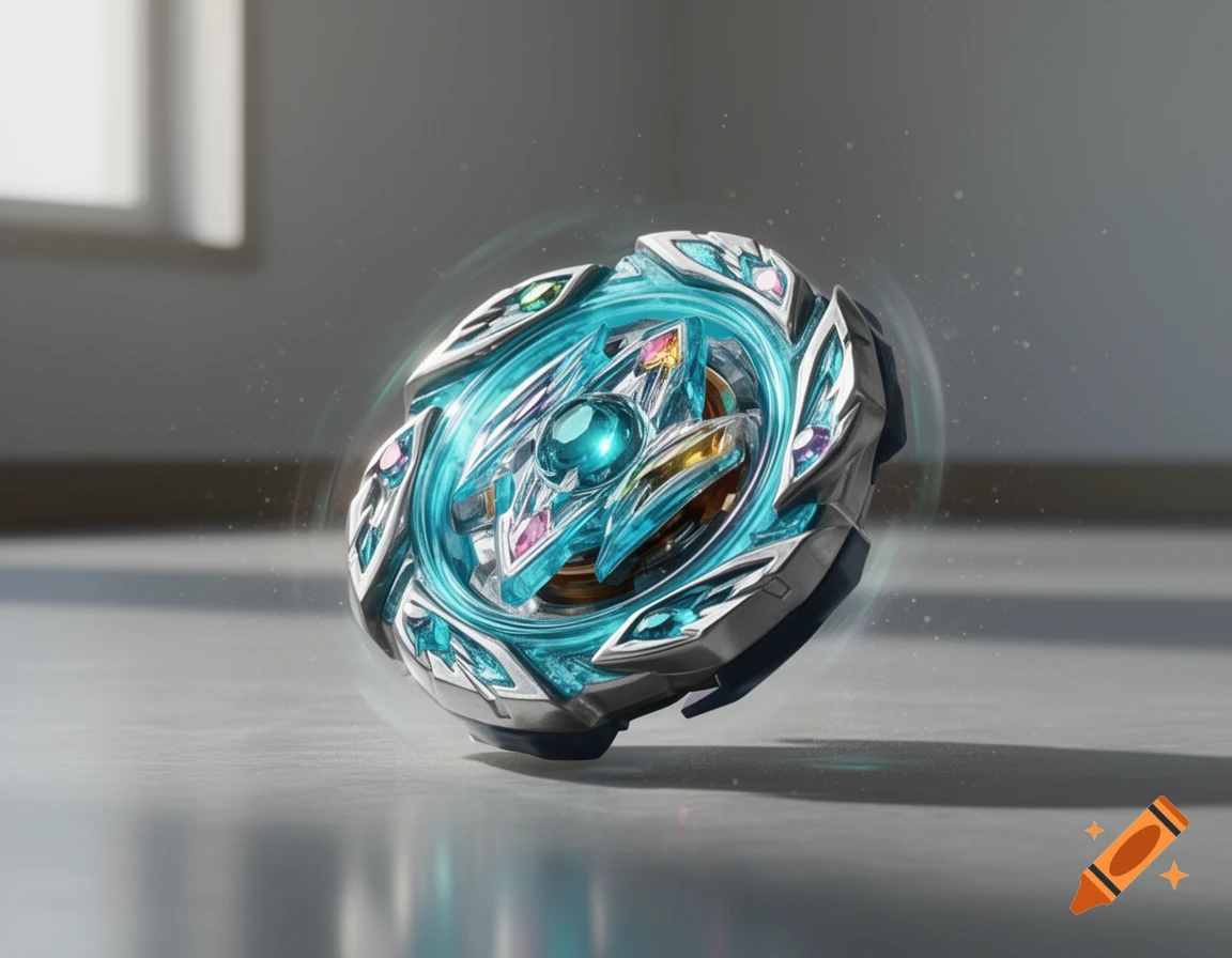 A shiny, futuristic blue and silver spinning top, resembling a Beyblade, on a reflective gray surface.