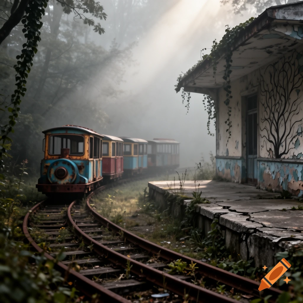 A small, colorful abandoned train on rusty tracks next to an overgrown, decaying station platform in a foggy forest with sunbeams.