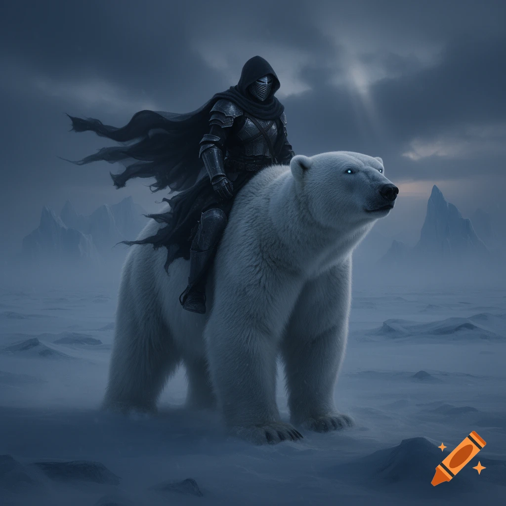 An armored dark fantasy rider on a majestic polar bear in a snowy, cloudy arctic landscape.