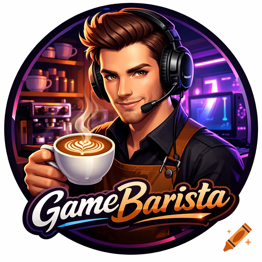 A stylish male character wearing a headset and an apron, holding a steaming coffee cup with latte art. The background features a cafe and gaming setup with neon lights. Text reads "GameBarista".