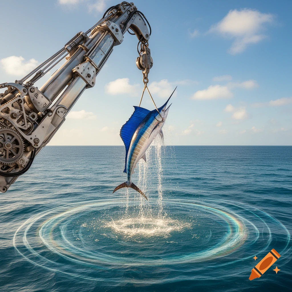 A mechanical crane lifts a blue marlin from a calm blue ocean, creating splashes and colorful ripples in the water.