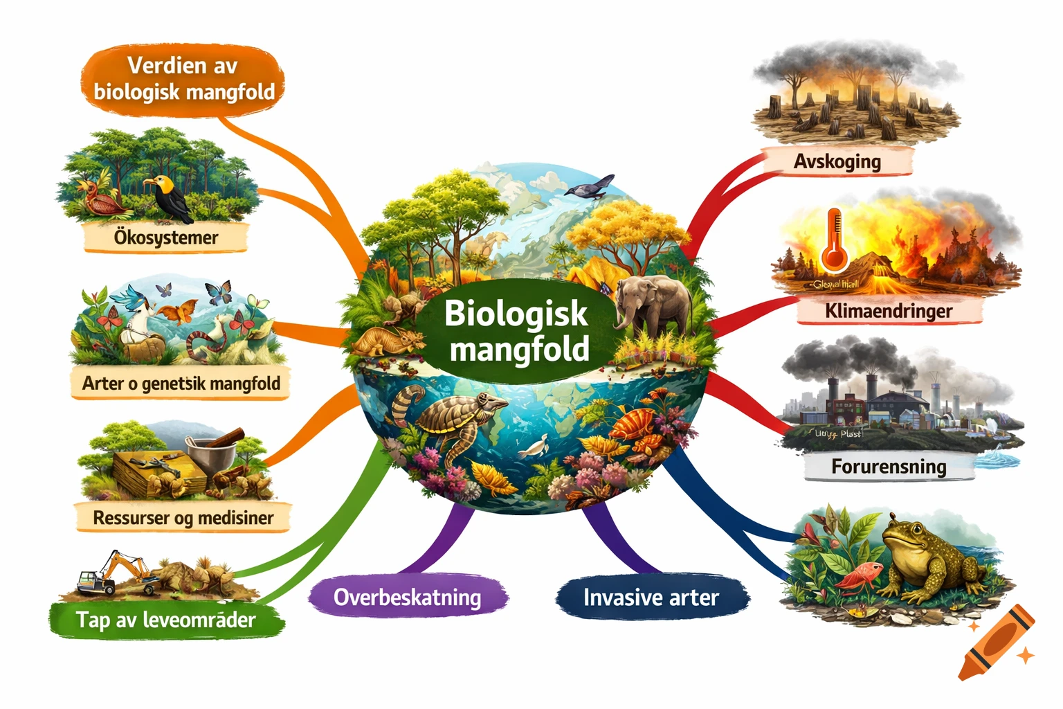 A colorful mind map illustrating biological diversity, its importance, and threats, featuring various ecosystems, animals, plants, and environmental issues like deforestation and pollution.