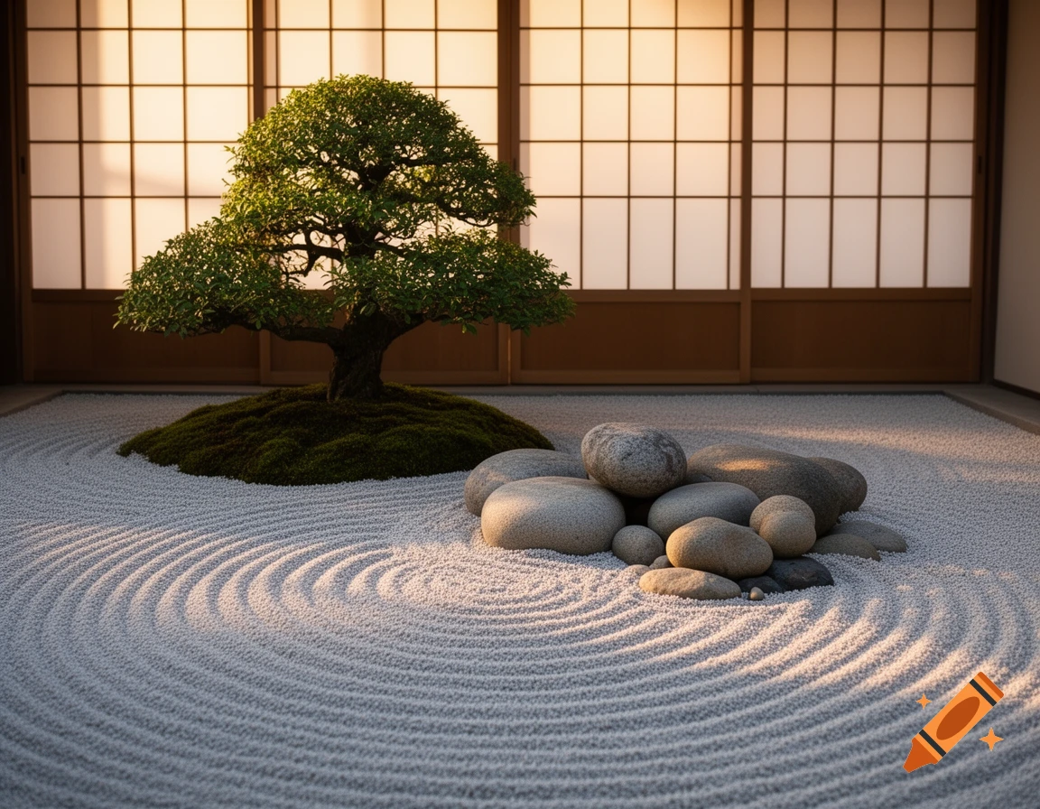 A serene Japanese Zen garden with a bonsai tree, raked white gravel, smooth rocks, and warm light filtering through shoji screens.