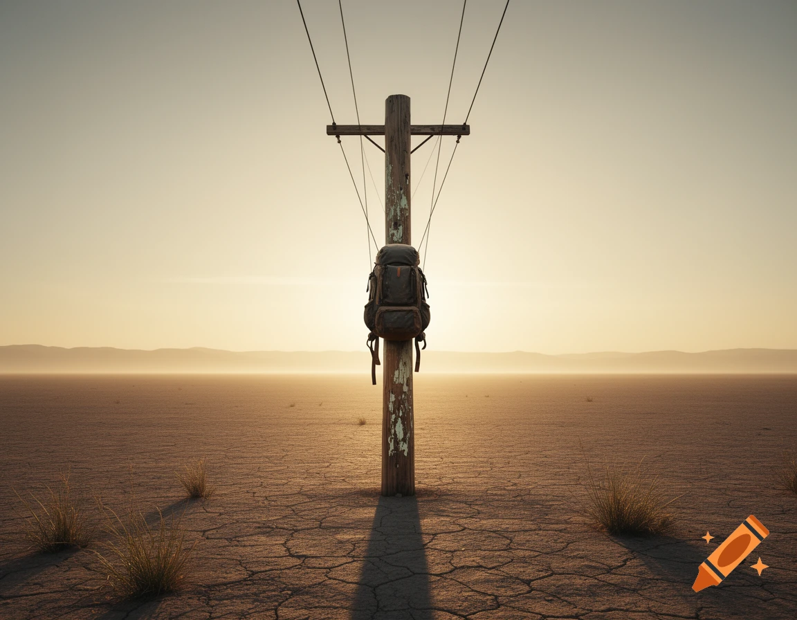 A photorealistic image of a backpack hanging on a weathered utility pole in a vast, cracked desert landscape at sunset.