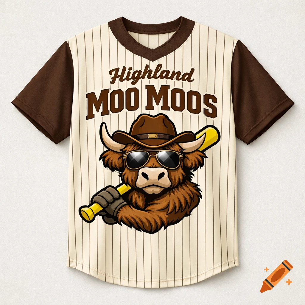 A cream and brown pinstriped baseball jersey with a cartoon Highland cow wearing a cowboy hat and sunglasses, holding a bat, and text 'Highland Moo Moos'.