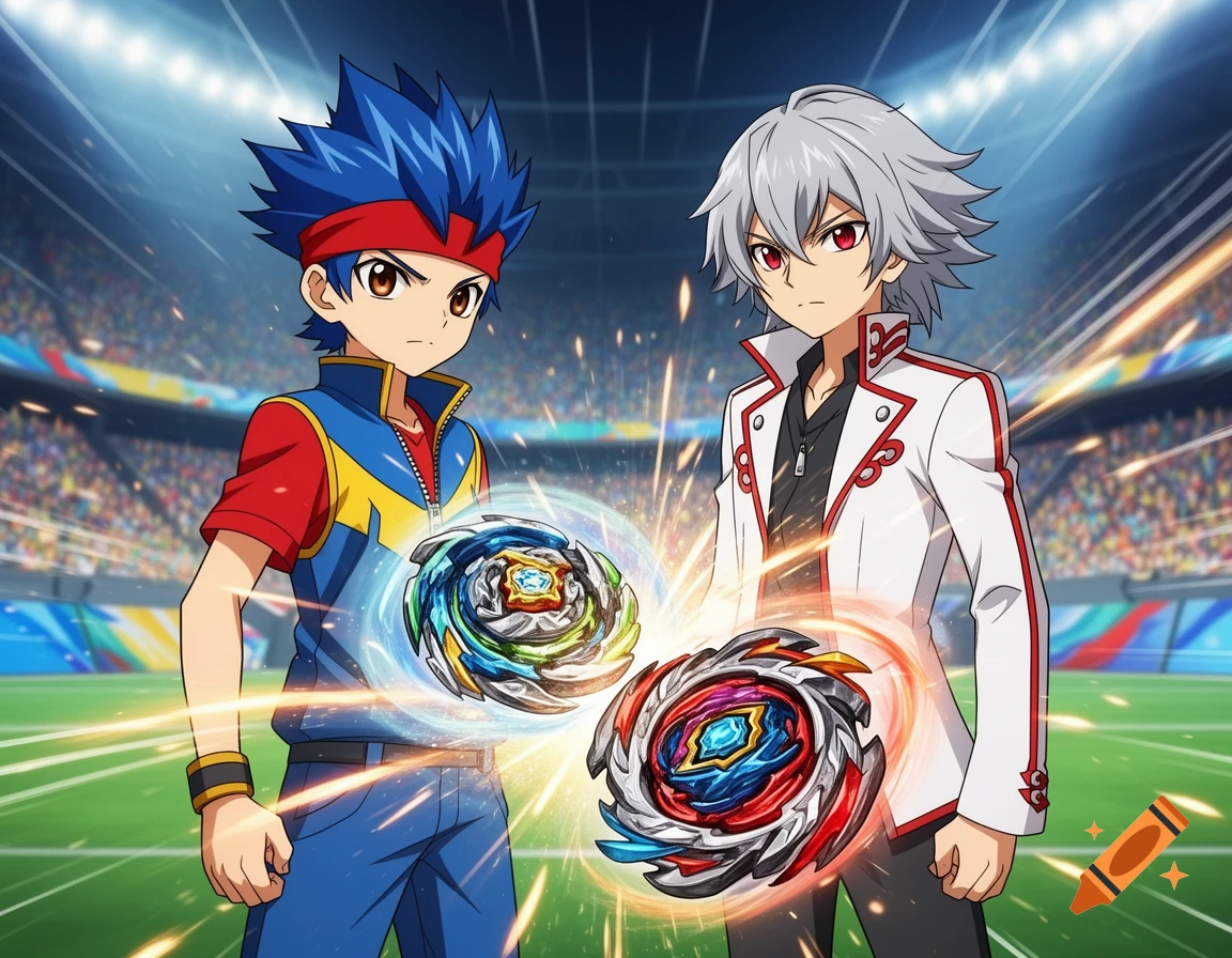 Valt Aoi and Shu Kurenai, anime characters from Beyblade, in a stadium, holding their spinning Beyblades.