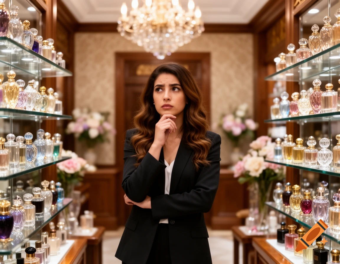 A thoughtful woman in a black suit standing amidst shelves of perfume bottles in a luxurious store.