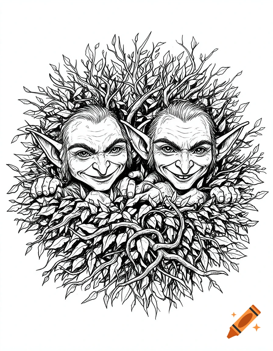 Black and white line drawing of two grinning goblin faces peeking through dense bushes.