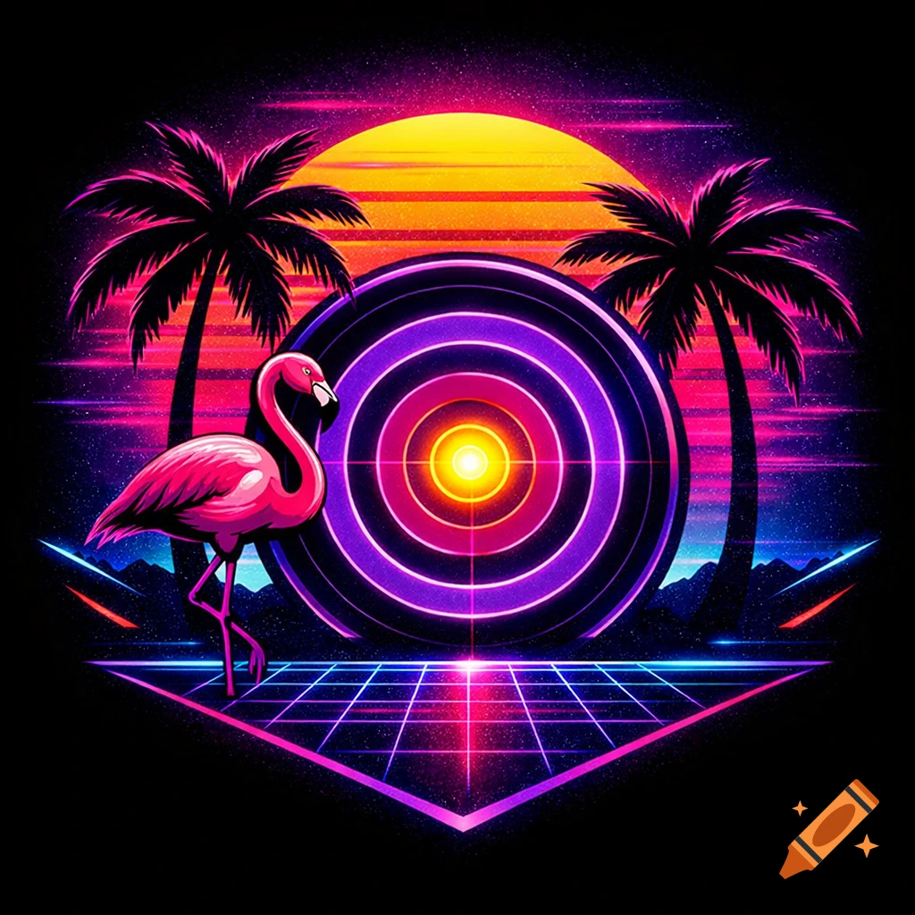Vibrant retrowave vector illustration of a pink flamingo, palm trees, and a neon target under a glowing sunset.