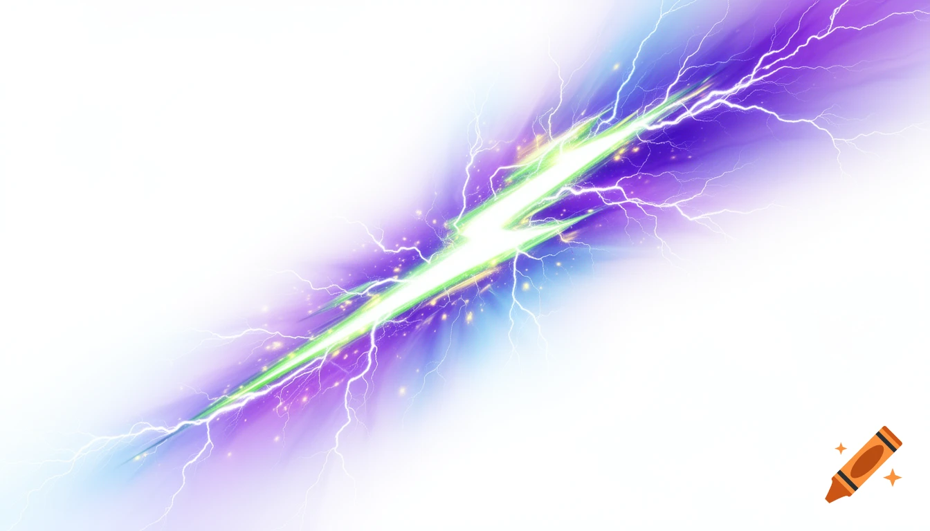 A dynamic, glowing lightning bolt with green, purple, and blue hues streaking diagonally across a white background, emanating energy and speed.