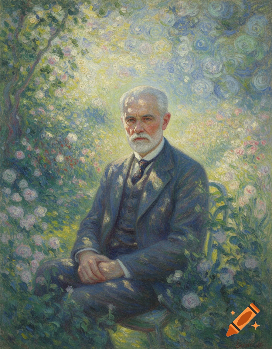 Impressionistic portrait of a man with a white beard, sitting amidst a sunlit garden of roses.