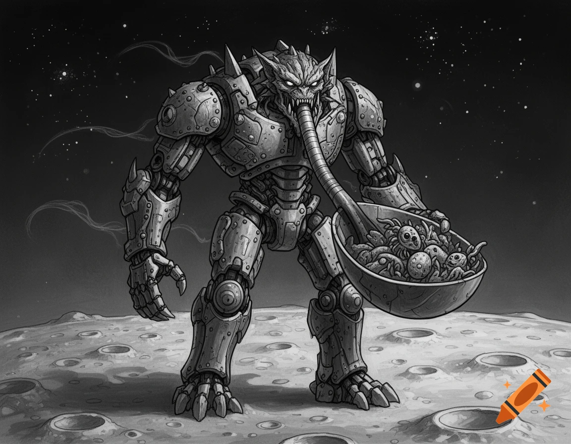 Monstrous robot-like creature with a trunk-like appendage on the moon, holding a bowl full of small alien creatures, in a grayscale, line art style.