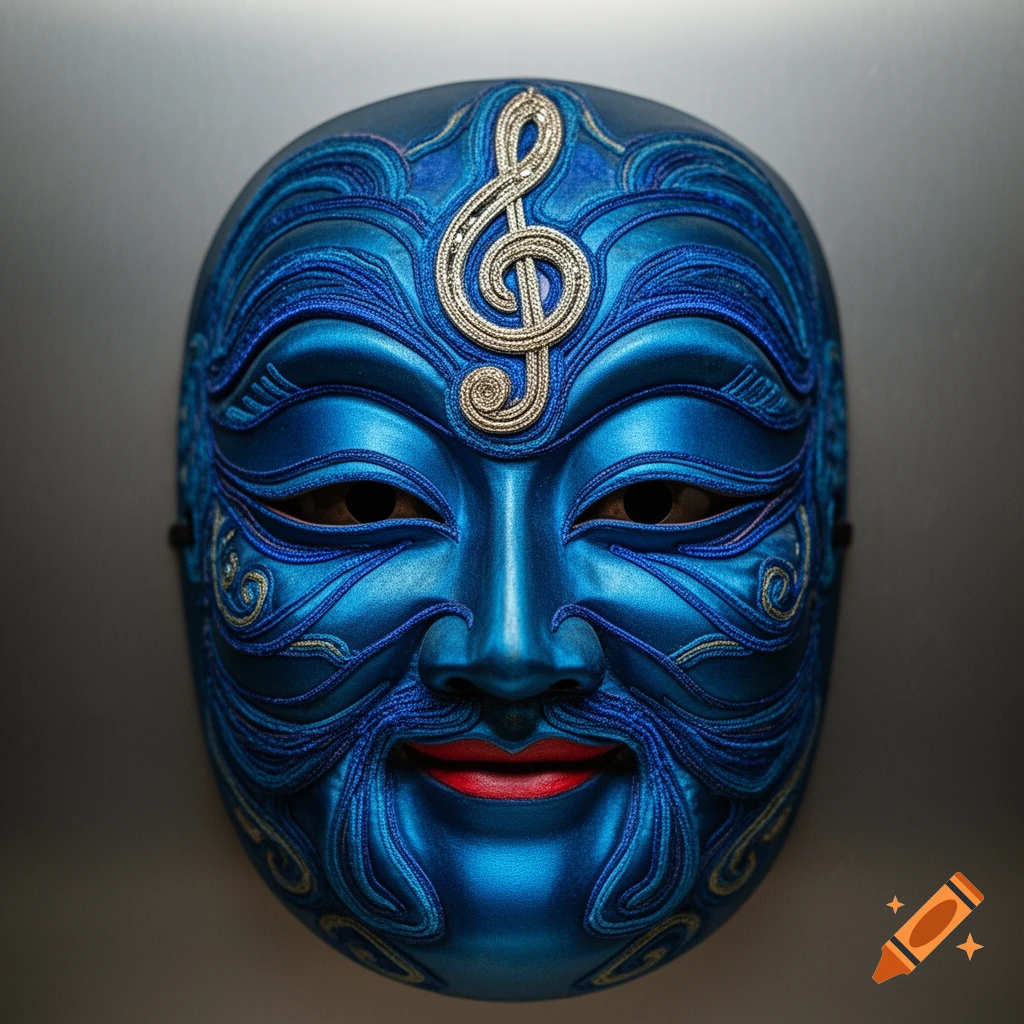 A detailed blue and gold traditional mask with a musical treble clef on its forehead, against a gray background.