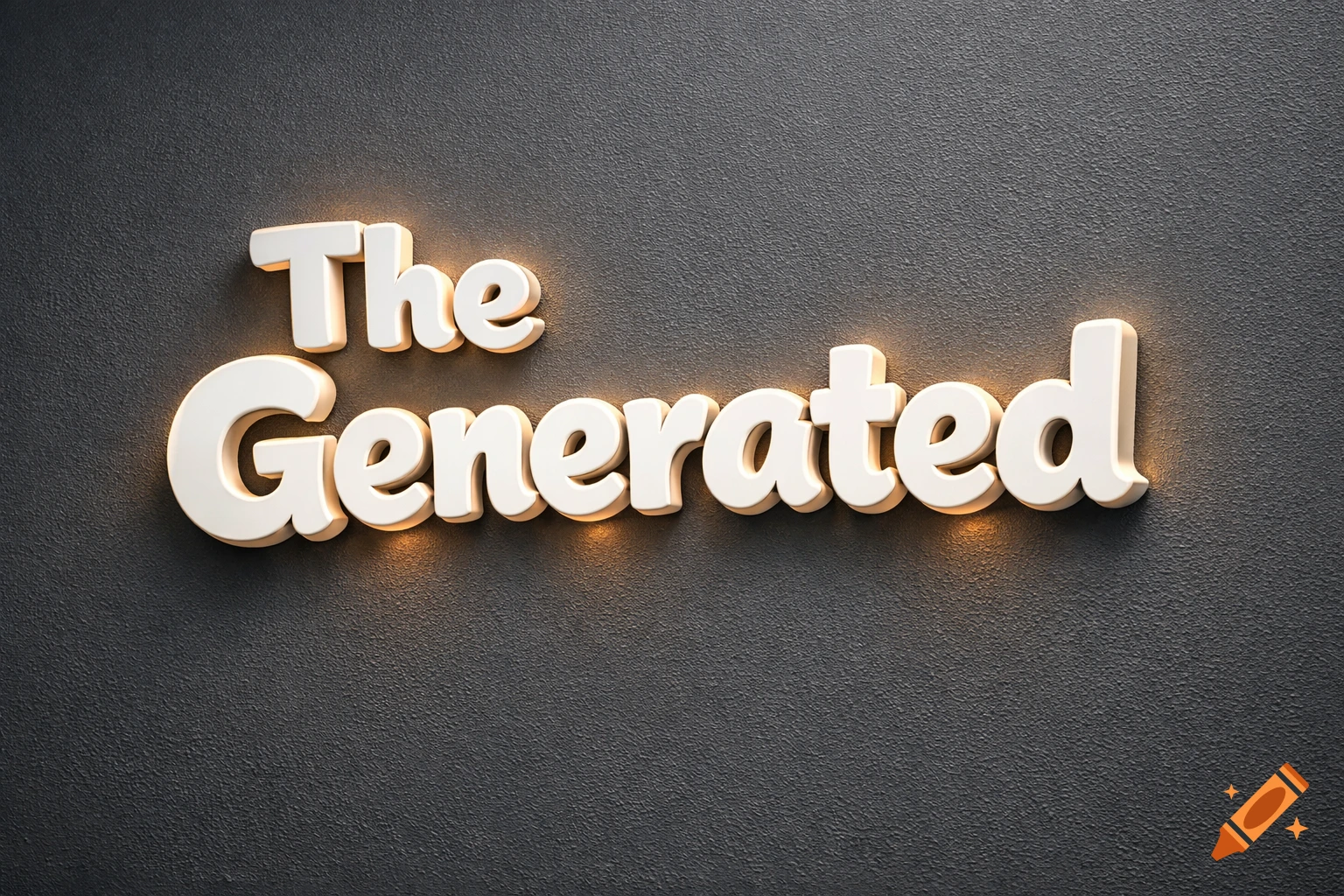 3D white text "The Generated" with warm backlighting on a dark, textured wall.
