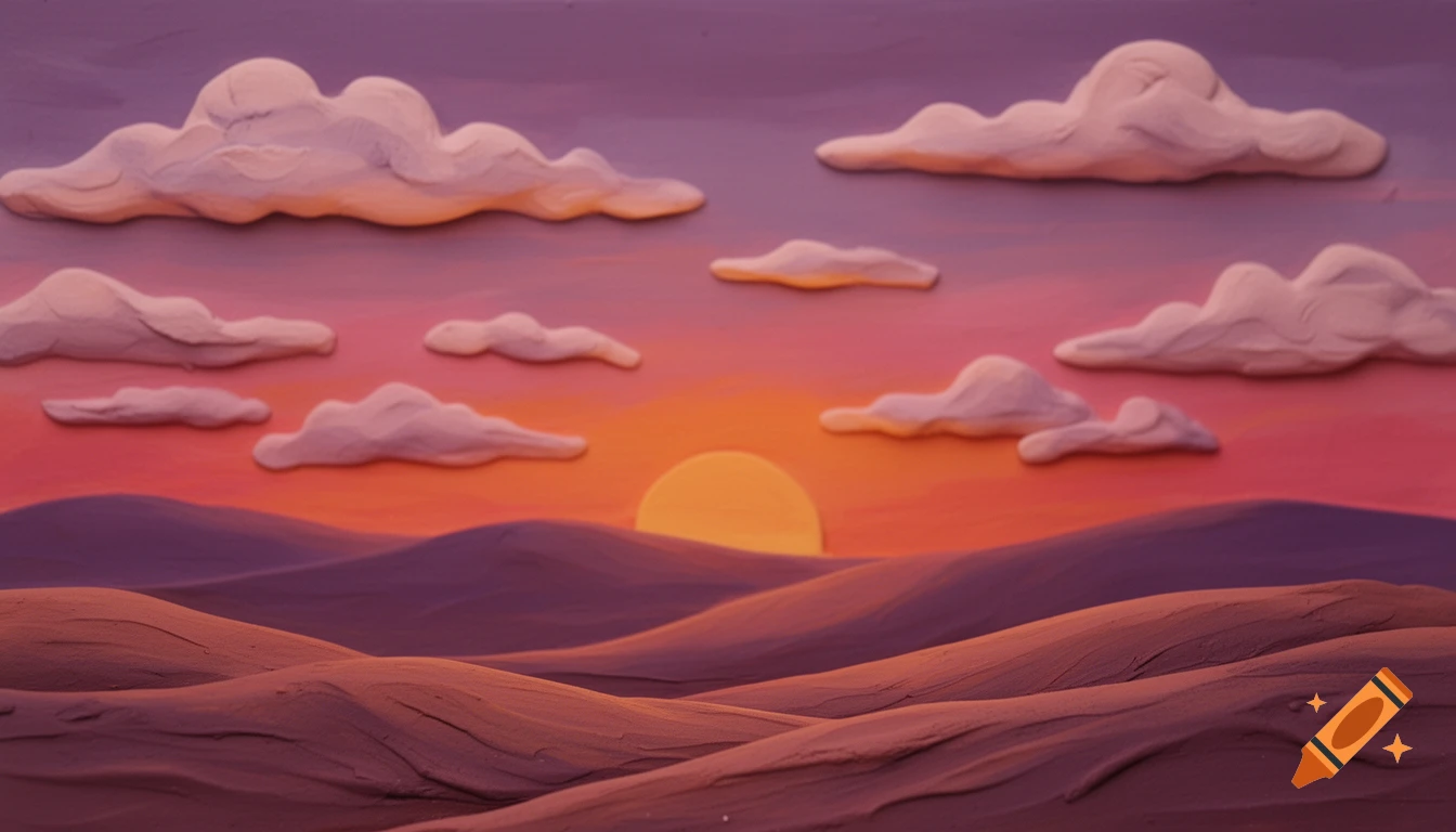 A simple, colorful claymation landscape at sunset with rolling hills and sculpted clouds against a gradient sky.