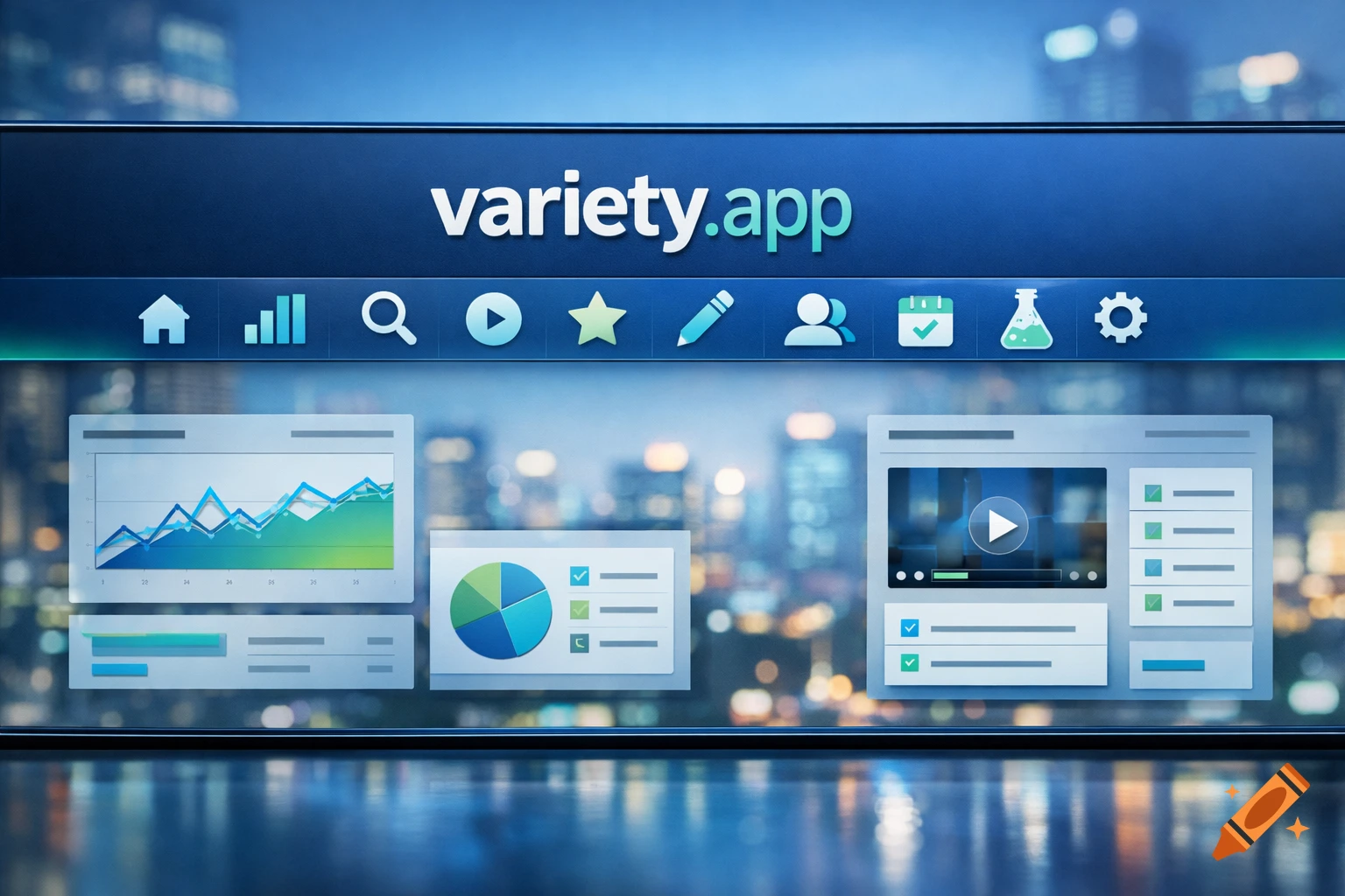 Digital user interface for 'variety.app' featuring navigation icons, data dashboards, charts, and a city background.