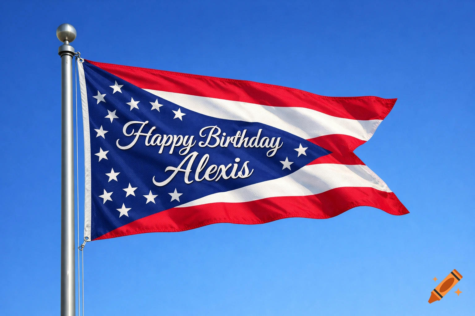A realistic flag, resembling the Ohio flag but with the text 'Happy Birthday Alexis', waves against a clear blue sky.