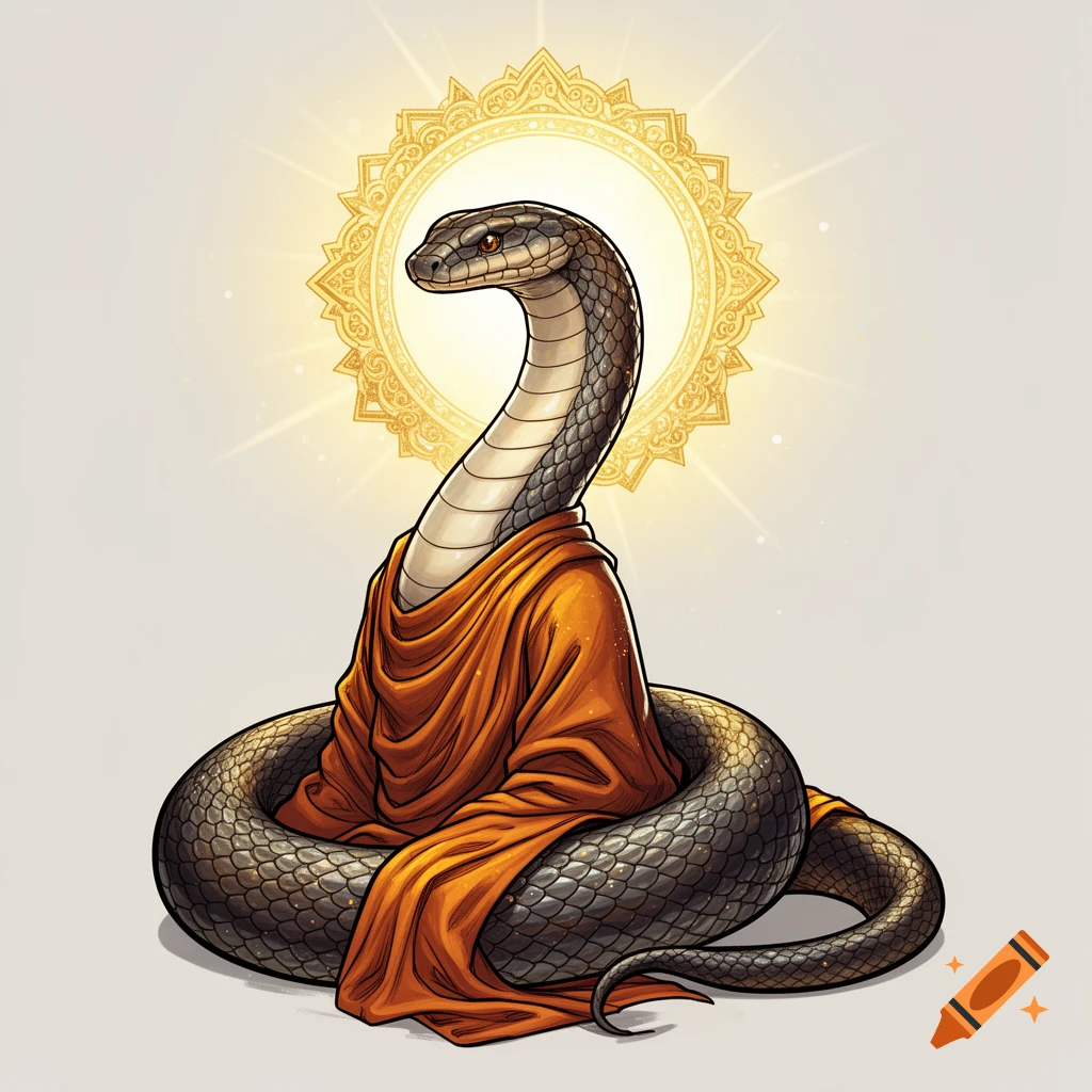 An anthropomorphic snake in a monk's robe sitting under a radiant gold halo, illustrated in bold lineart.