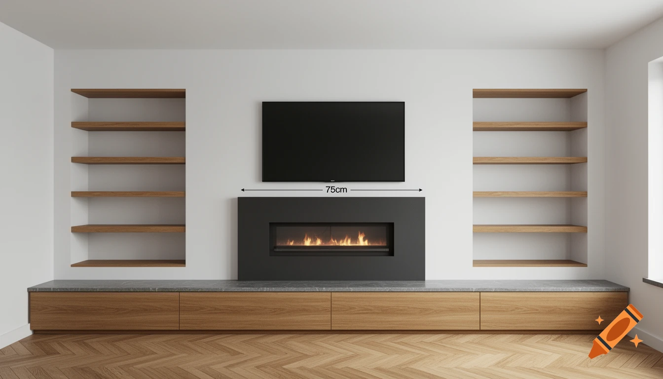 Front view of a modern living room feature wall with a black TV above a linear fireplace, flanked by oak floating shelves and a long oak cabinet.