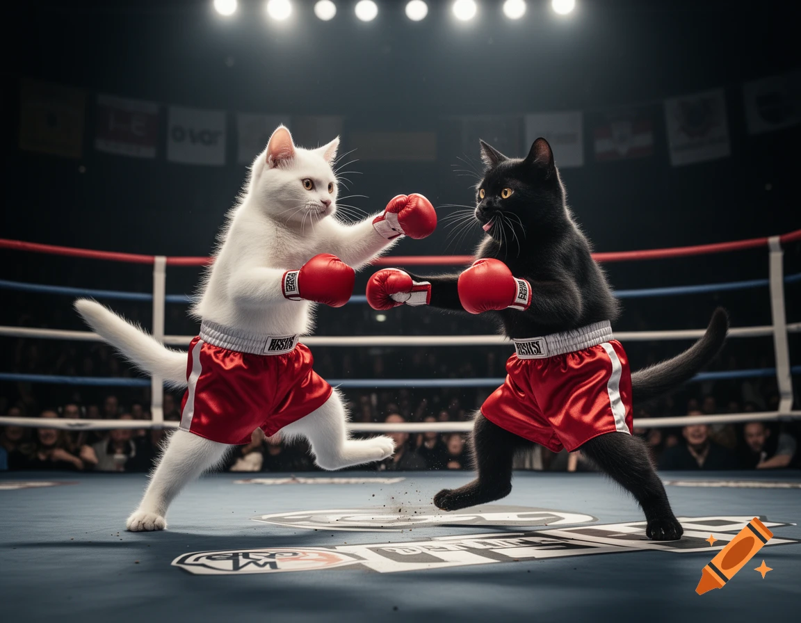 A white cat and a black cat in red boxing shorts and gloves are mid-fight in a boxing ring.