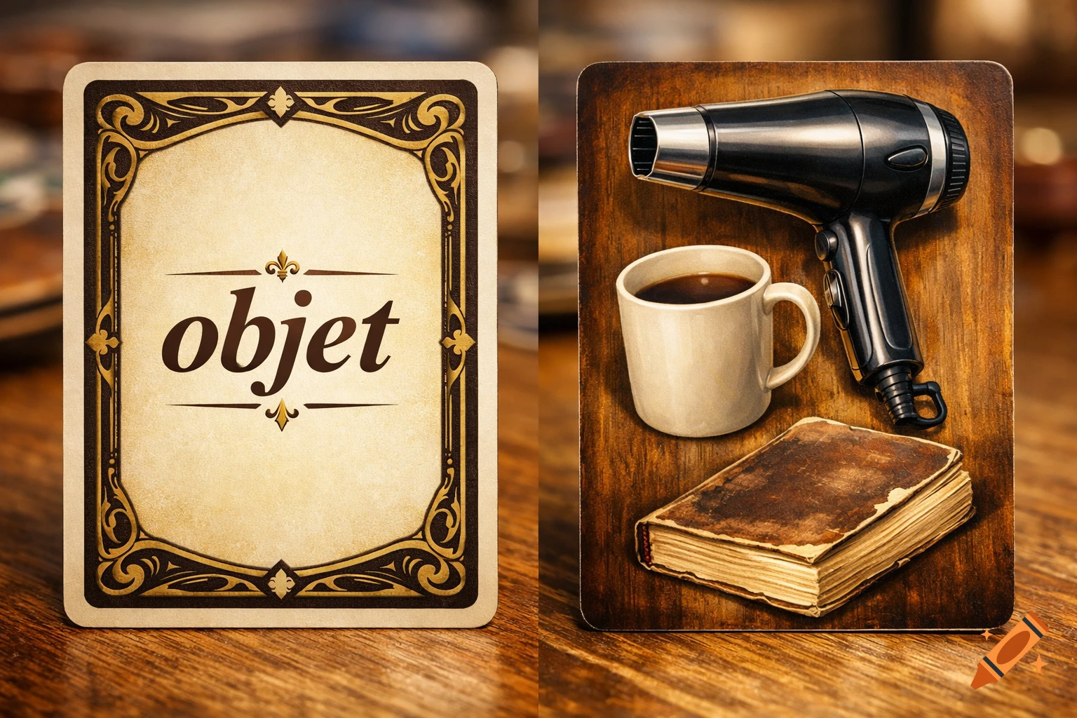 Two stylized game cards on a wooden table. One card reads "objet" with ornate borders, and the other features a hairdryer, coffee mug, and old book.