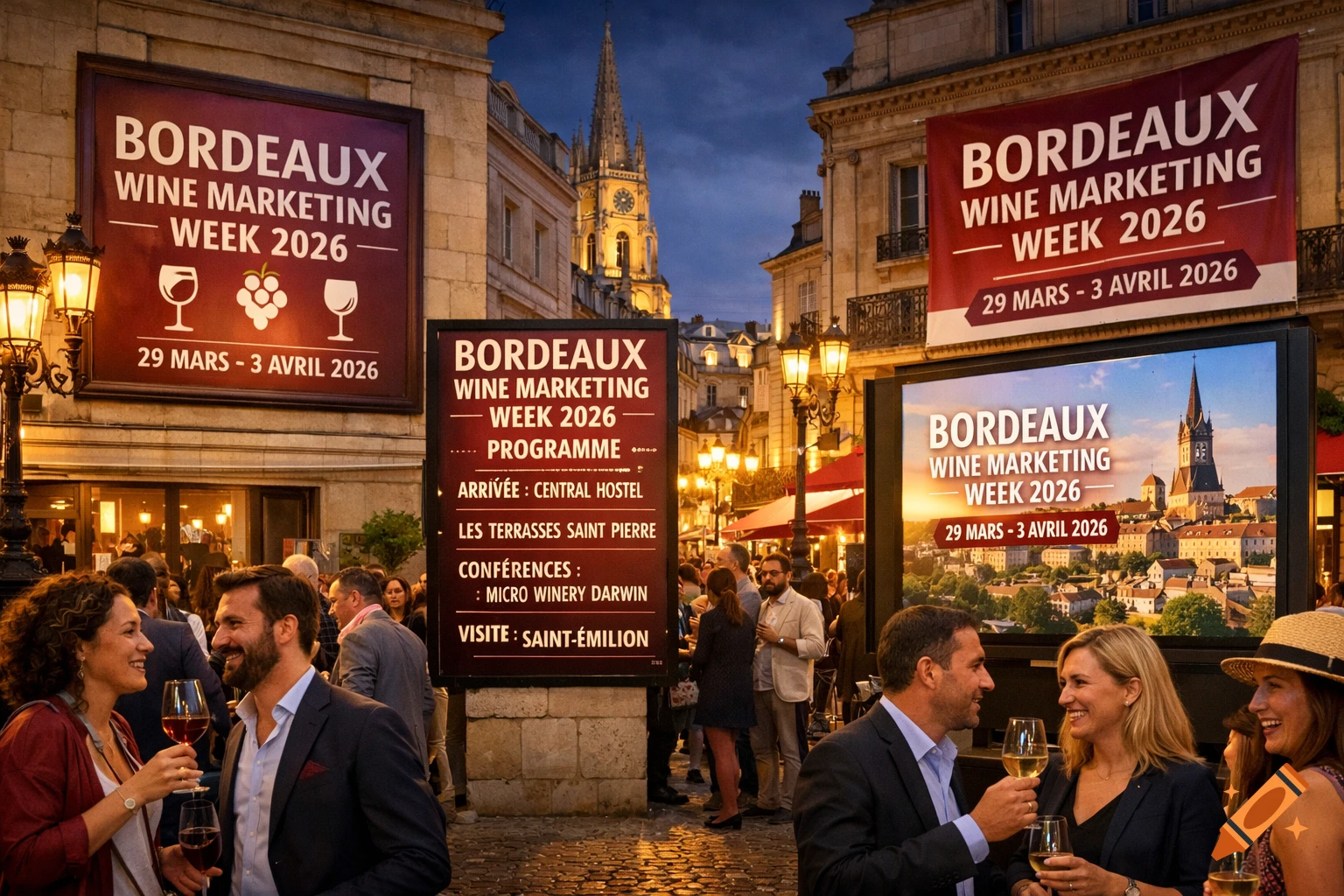 People socialize at a Bordeaux wine marketing week event at dusk, with illuminated signs and a distant clock tower.