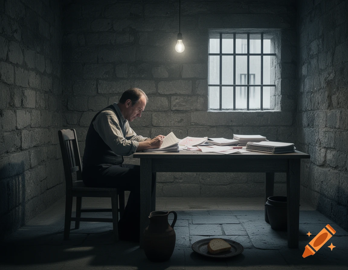 A man in a dimly lit prison cell sits at a wooden table, reading and correcting papers under a bare lightbulb. A window with bars, a pitcher, and a slice of bread on a plate are visible.