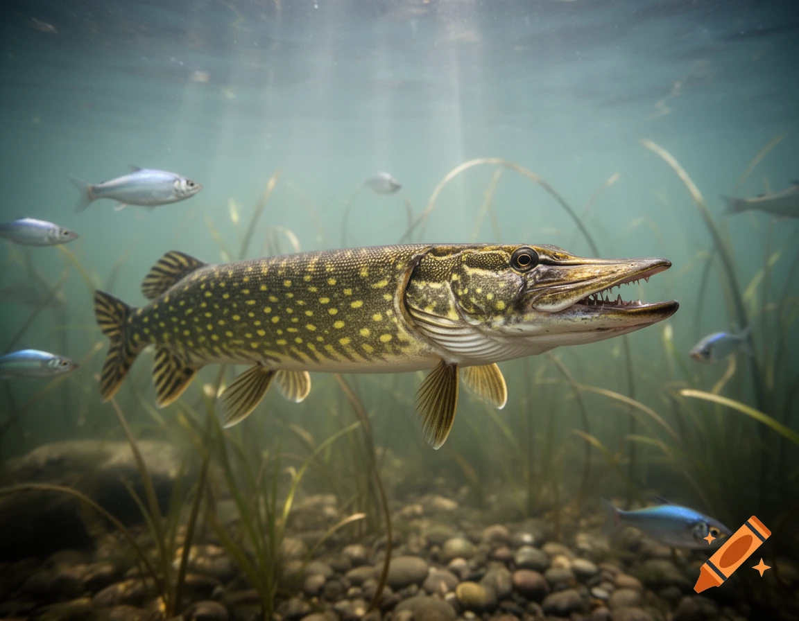 A large, photorealistic pike fish with a spotted body and sharp teeth swims underwater among green aquatic plants and smaller fish.