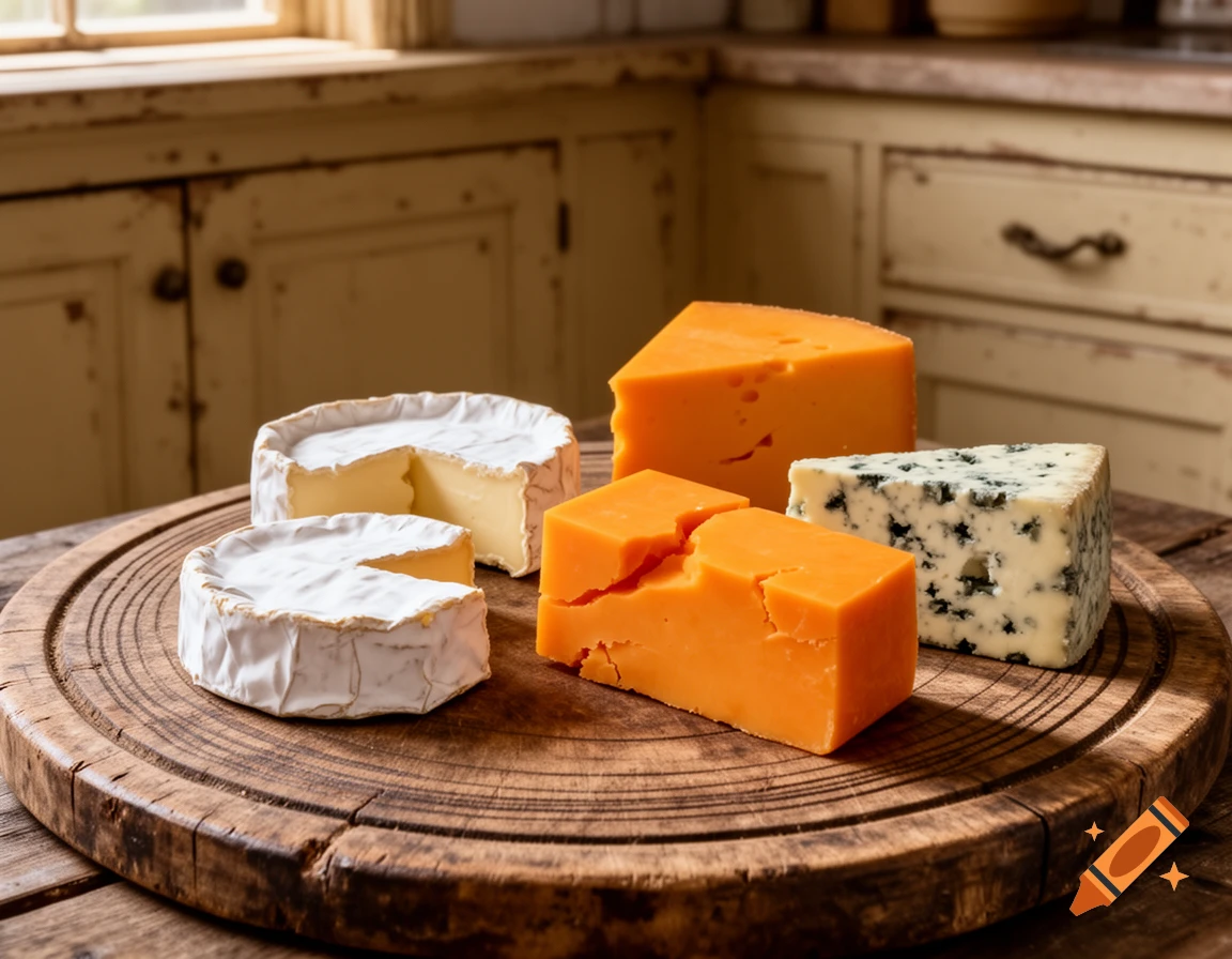 A rustic still life with a variety of cheeses, including brie, cheddar, and blue cheese, on a round wooden board.