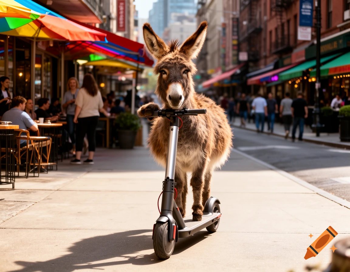 A photorealistic image of a donkey riding an electric scooter down a sunny city street.