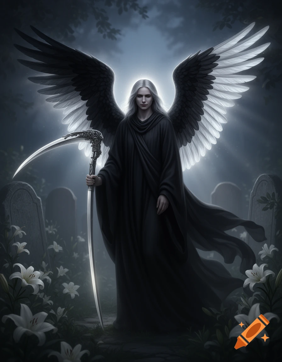 A pale, angelic figure with large black and white wings, dark robes, and a glowing halo stands in a misty graveyard, holding an ornate scythe among white lilies.